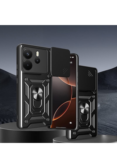 Xiaomi Redmi Note 14 4g Kılıf Sürgülü Kamera Koruyucu Manyetik Standlı Tank Koruma Celikaksesuar Siyah