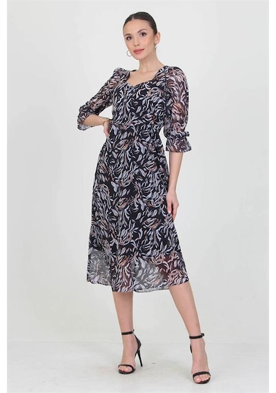 Neşeli Butik Kadın Siyah Kalp Yaka Yeni Sezon Desenli Şifon Elbise Ry0030 Siyah