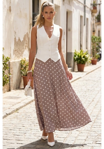 Madmext Bej Puantiyeli Maxi Kadın Saten Etek Mg2725