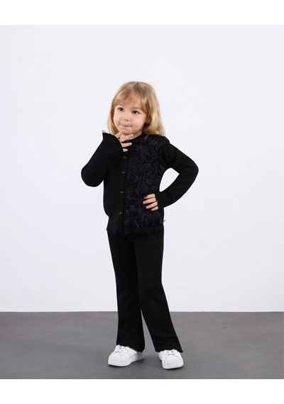 Miniko Kids Kız Çocuk Bayramlık Çiçek Detaylı Kaşkorse Taytlı Takım Siyah