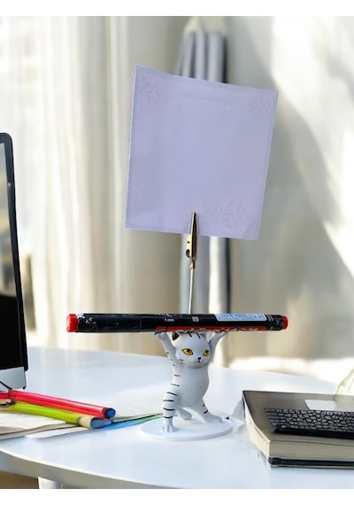 Gri Çigili Kalem Tutabilen Dansçı Kedi Fotoğraf Not Tutacağı Ofis Masası Hediyelik Gri