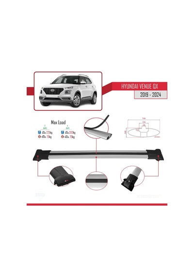 Hyundai Venue Qx 2019 Ve Sonrası İle Uyumlu Fly Model Ara Atkı Tavan Barı Gri 3 Adet Bar