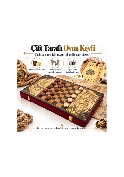 Jumbo Boy Doğal Ahşap Tavla Ve Dama Seti 2'si 1 Arada Denizci Temalı Hediyelik & Dekoratif Set