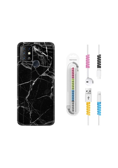 Infinix Hot 9 Kılıf Kablo Koruyuculu Fragile Black Mermer 1378