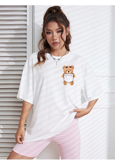 Ayı Cep T-shirt - Beyaz Baskılı Oversize Bisiklet Yaka Kısa Kol Tişört Beyaz