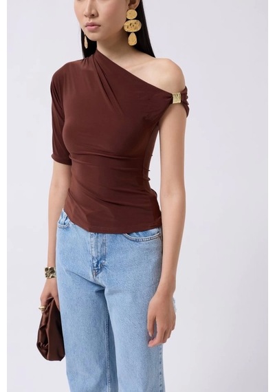 Femina Trendy Aksesuar Detay Cutout Bluz Kahverengi