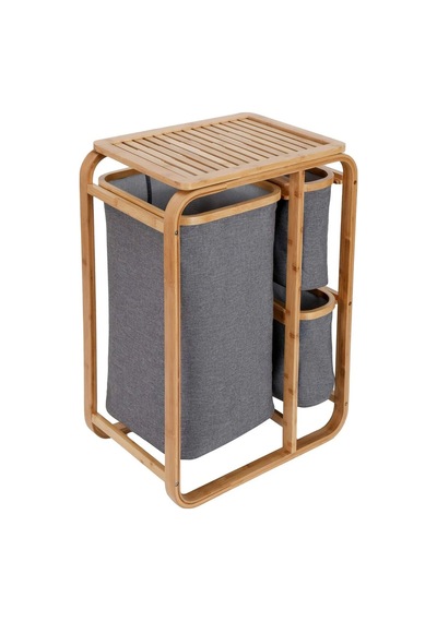 İbico İ21-143 Bambu Ahşap Kirli Çamaşır Sepeti 50x30x70 Cm - 3 Organizer Bölmeli Kumaş Çantalı