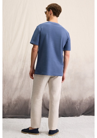 Grımelange NELIDO Erkek Nakış Detaylı %100 Organik Pamuk Bisiklet Yaka Kısa Kollu Regular Fit İndigo T-Shirt