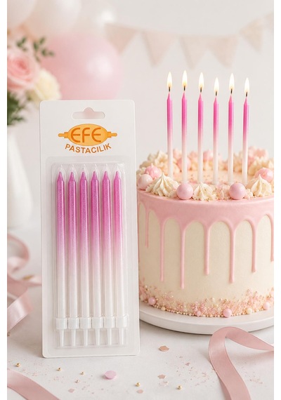 Metalik Beyaz Fuşya Uzun Pasta Mumu 17 Cm Karışık