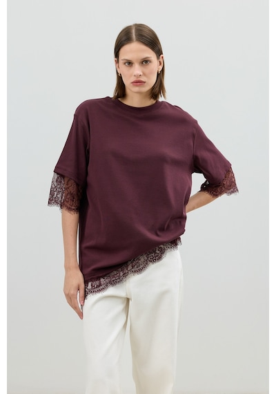 Antioch Dantel Detaylı Kadın T-shirt Bordo