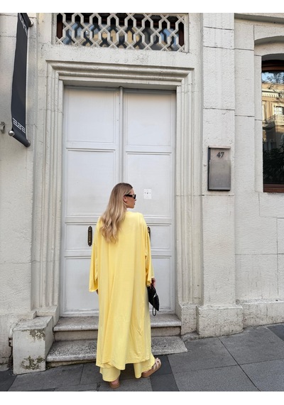 Bonacosa Kadın Viskon 3 Lü Takım Kimono + Beli Lastikli Salaş Pantolon + Crop 8 Renk Sarı