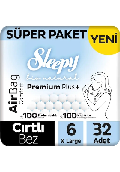 Sleepy Bio Natural Premium Plus Airbag Comfort Süper Paket Bebek Bezi 6 Numara Xlarge 32 Adet