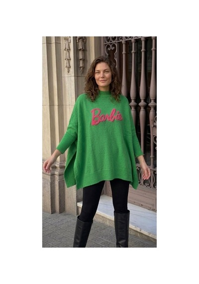 Onno Style Women Barbie Nakışlı Yırtmaçlı Triko Kadın Panço Yeşil