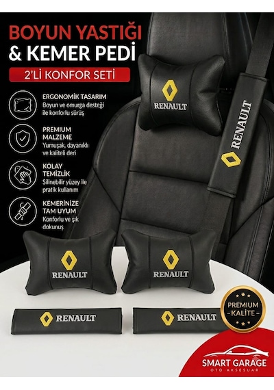 Renault Sarı Deri Yastık Ve Kemer Pedi Oto Boyun Yastığı Güvenli Sürüş Deri Konfor
