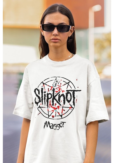 Slipknot Maggot Müzik Grubu Baskılı Unisex Oversize Tişört Beyaz