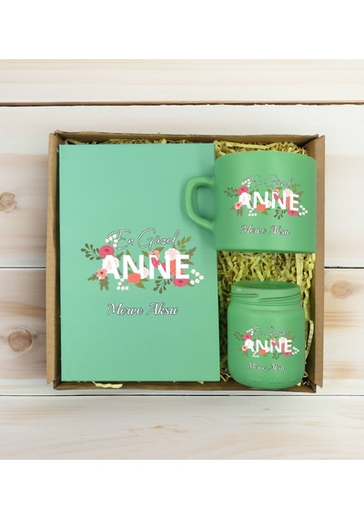 Bk Gift Kişiye Özel İsimli Dtf Anne Temalı Yeşil Defter & Kahve Fincanı & Mum Hediye Seti-1, Anneye Hediye, Anneler Günü Hediyesi Kobitmeyencom30825 B