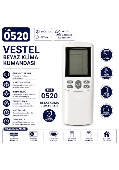 Vestel 0520 Beyaz Klima Kumandası Lcd Ekranlı Isıtma Soğutma Fan Mod Ayarlı Yedek Kumanda
