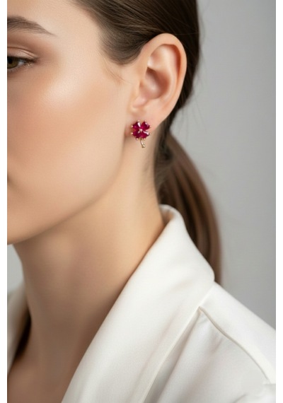 Çekirdekjewelry 925 Ayar Gümüş Yakut Taşlı Yonca Küpe Rose