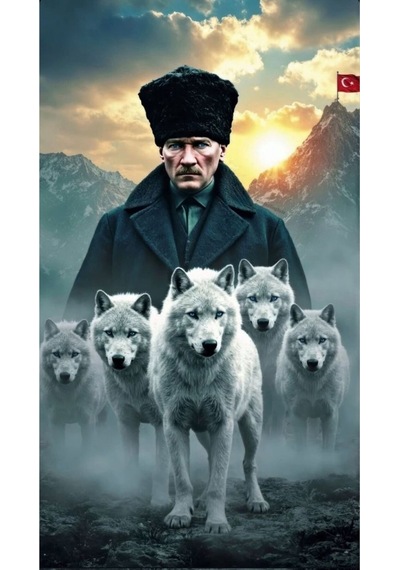 Türk Bayrağı Atatürk Ve Bozkurtlar Tablo Milli Duruş Dekoratif Poster