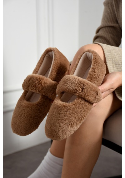 Nmoda Ultra Yumuşak Peluş Kadın Ev Babeti Ses Yapmaz Hafif Taban Panduf Koyu Vizon