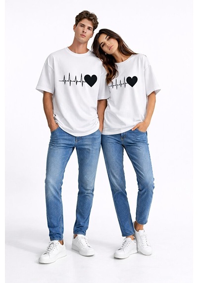 Sevgili Kombini Kalp Ritmi Baskılı Çift Tişört Oversize Unisex Partner Kombin Çift Seti Beyaz