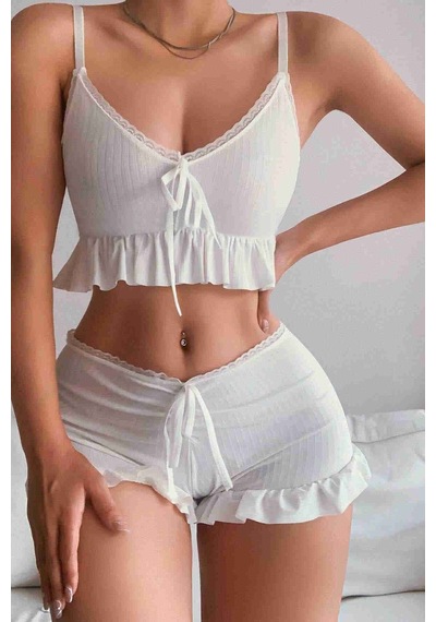 Merry See Özel Örme Kumaş Askılı Şortlu Pijama Takımı Beyaz 001