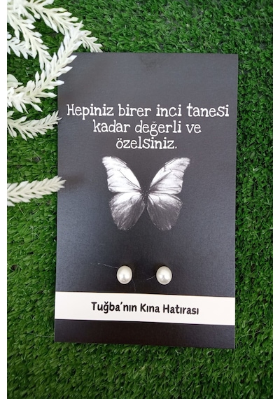 50 Çift İnci Küpe -siyah Kelebek Kartlı - Nikah Hediyesi - Kına H Beyaz