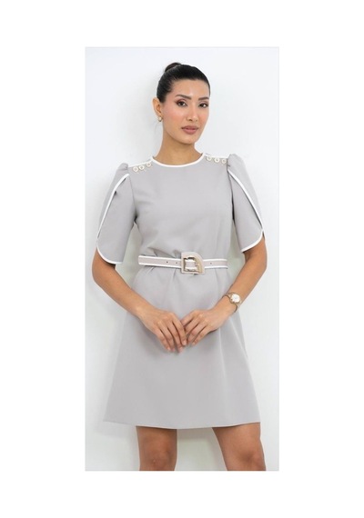 Dorne Moda Kemer Detaylı Mini Elbise Gri Gri