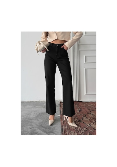 Blue Marlın Yüksek Bel Tam Kalıp Paça Kesik Boru Paça Jeans Siyah