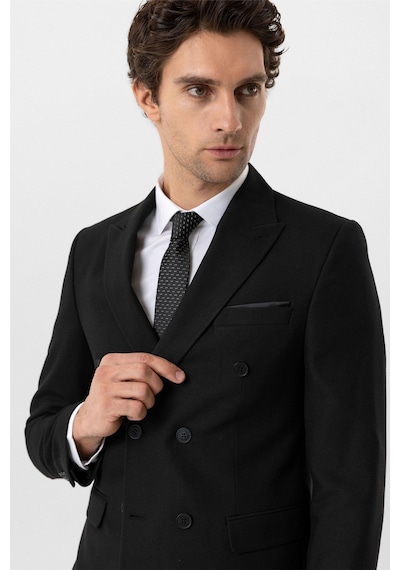 Süvari Siyah Slim Fit Armürlü Sivri Yaka 6 Drop Klasik Takım Elbise-35522 Siyah
