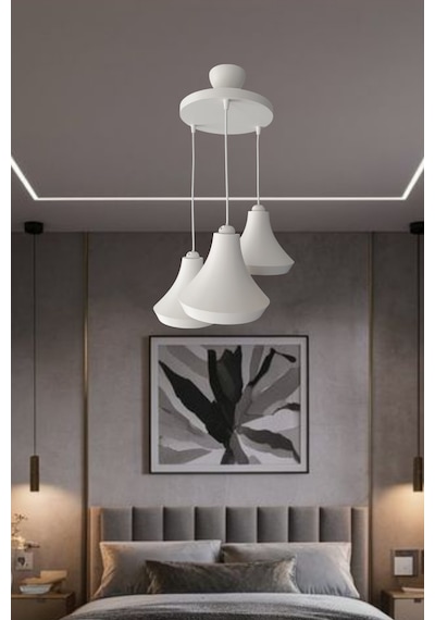 Retro Rustik Model Modern Beton Görünümlü 3'lü Beyaz Sarkıt Avize Cafe Yatak Odası Ofis Salon Mutfak Beyaz