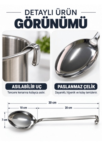 Endüstriyel Meze Kaşığı Sanayi Tipi Paslanmaz Çelik Sanayi Restoran Lokanta Tipi Kulplu Asılabilir Kırılmaz