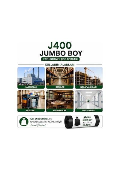 Jumbo Boy Endüstriyel Çöp Poşeti Torbası 80 x 110 CM 6 Rulo 60 Adet 400 G Ağır Hizmet Tipi Kalın Torba