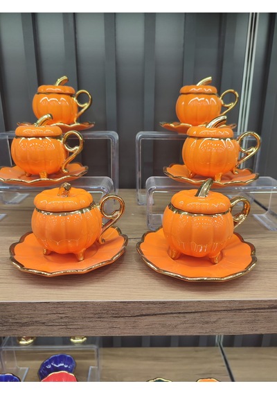 6 Lı Pumpkin Balkabağı Desenli Fincan Takımı - Kapaklı Ve Ayaklı Model Turuncu