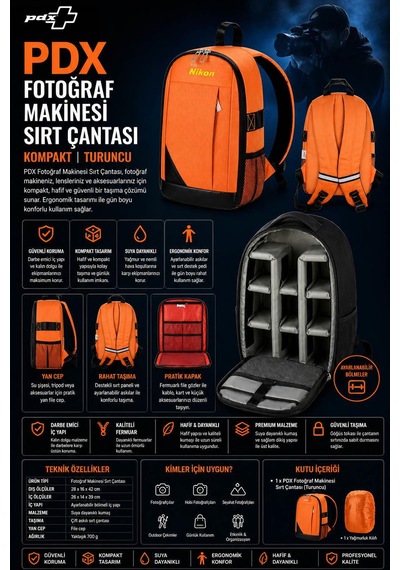 Pdx Fotoğraf Makinesi Sırt Çantası For Nikon Turuncu