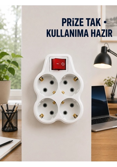 Mey İthalat Anahtarlı 4 Lü Priz Adaptörü Direkt Prize Takılan Kompakt Priz Çoklayıcı Standart