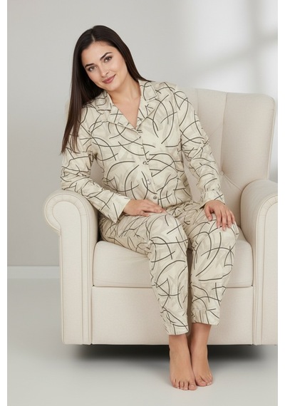 Bravie Luxury Soft Ekru Çizgi Desenli Uzun Kollu Kadın Pijama Takımı Büyük Beden 3015 Ekru