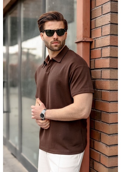 Madmext Acı Kahverengi Polo Yaka Oversize Erkek Tişört E7185