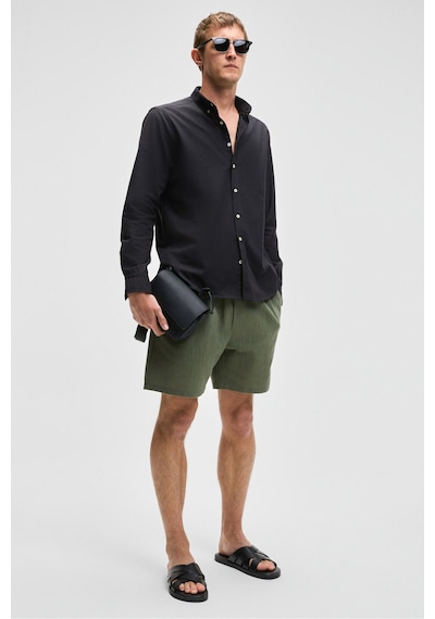 Grimelange LEYTON Erkek Relaxed Fit Çift Cepli Beli Lastikli Keten Karışımlı Dokuma Haki Şort & Bermuda