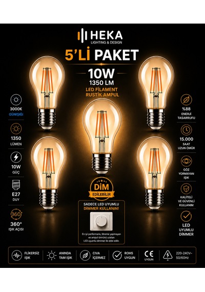 5 Adet Heka 10w Günışığı 3000k E27 Duylu Dim Edilebilir Led Rustik Ampul