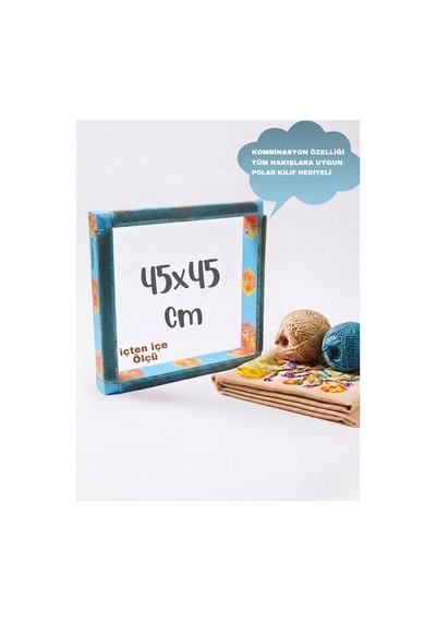 Mavi Çiçekli 45x45 Cm Kombinasyon Özellikli Punch Ve Tüm Nakışlara Uygun İğneli/telli Ahşap Kasnak Kılıf Hediye