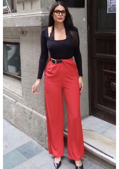 Kechi Woman Linda Twill Kumaş Kemer Detay Pantolon Kırmızı