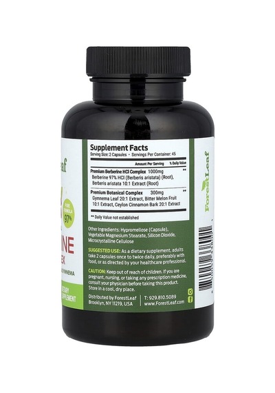 Forest Leaf, Advanced Dual Berberine Hcl Complex + Cinnamon, Bittermelon & Gymnema, 90 Vegetable Capsules Aromasız