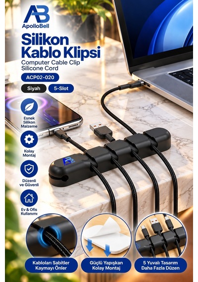 Apollobell Acp02-020 Ab 5 Yuvalı Bilgisayar Kablo Klipsi Ve Silikon Kablo Tutucu Düzenleyici.