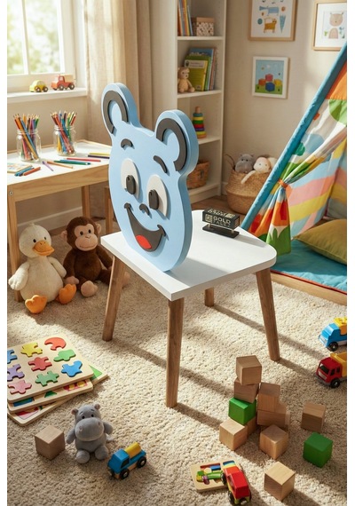 Çocuk Sandalyesi Happy Face Ahşap Ayaklı, Sevimli Figürlü Mavi