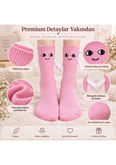 Womanandkids Wak Mıknatıslı El Ele 2'li Unisex Tutuşan Sevimli Çorap 36-44 Çift Hediyesi, Pamuklu Renkli Crew M Pembe