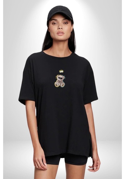 Gerçeklikten Uzak Tutun Siyah Oversize Unisex Ön Orta Minimal Baskılı Tişört Siyah