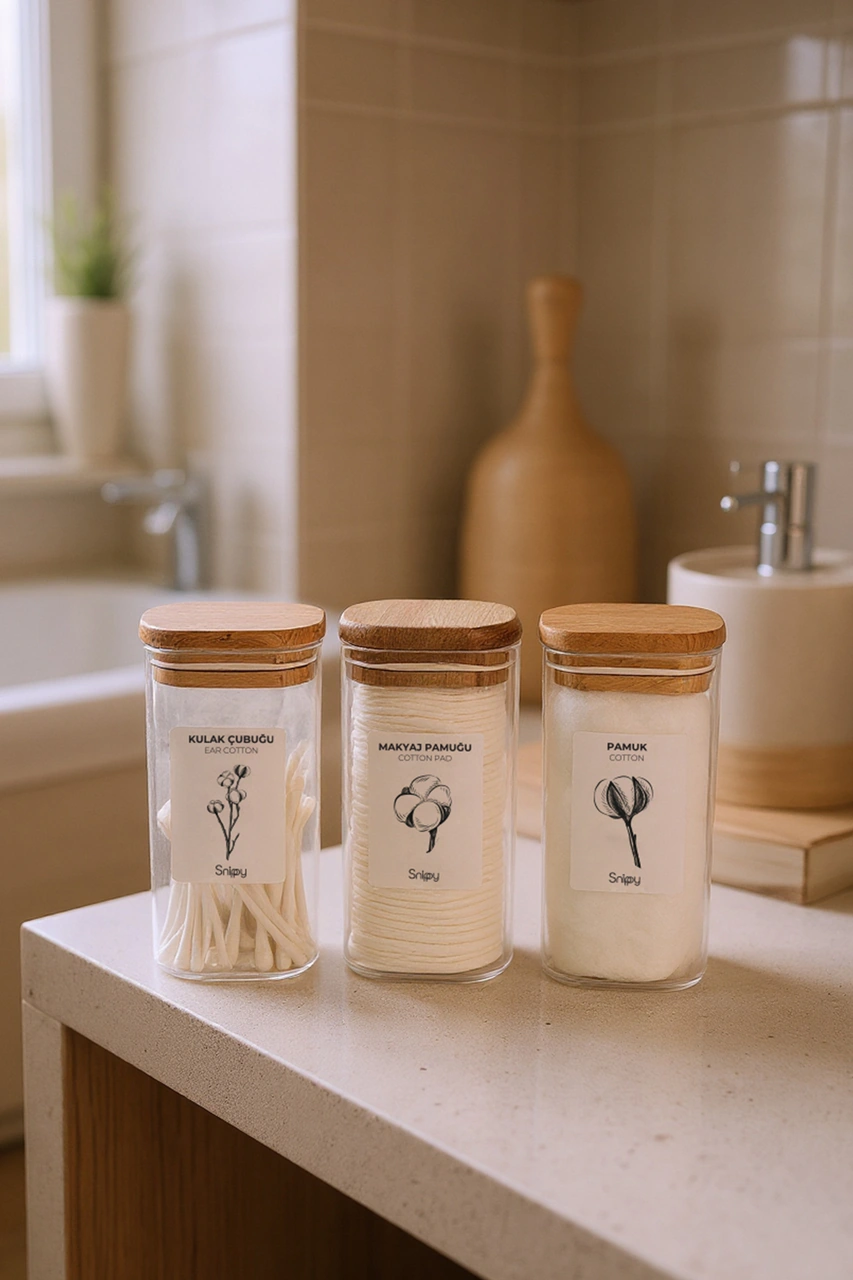 Luvo - 3'lü Kare Ahşap Vakum Kapaklı Banyo Düzenleyici Plastik Banyo Seti Etiketli Banyo Organizeri Ahşap