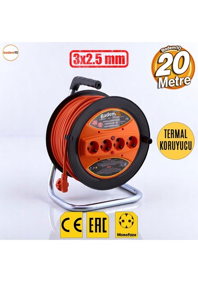 Makaralı Uzatma Kablosu 3x2.5 Mm 20 Metre Plastik Seyyar Makara 4 Prizli Monofaze Termal Sigortalı