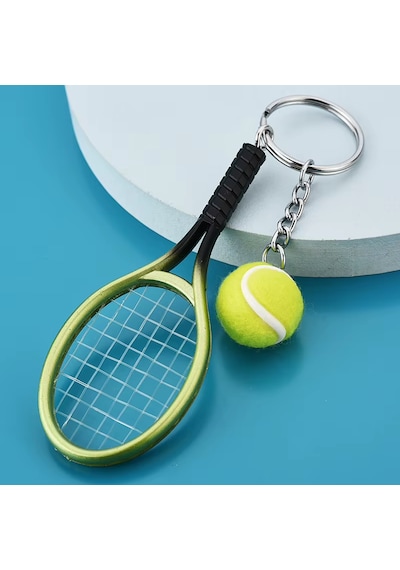 Güncelçarşı Mini Gerçekçi Tenis Raketi Ve Topu Anahtarlık, Hediyelik Anahtarlık Metal Anahtarlık Tenis Topu Kolye Ucu Yeşil